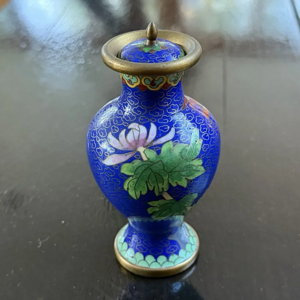 Vintage Chinese Cloisonne Enamel Vase Lidded Brass Enamel Flower Motifs Decor